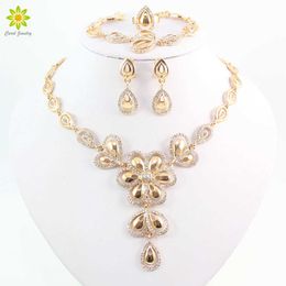 Fashion Crystal Flower Necklace Earrings For Women Gold Colour African Costume Jewellery Sets H1022