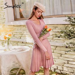 Elegant blue slim a-line women sweater V-neck long sleeve pleated knitted Office autumn mid dress 210414