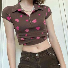 Pink Heart Printed Brown Short Sleeve Women's T-Shirt For Girls Cute Fashion Kawaii Turn-Down Collar Y2k Crop Top Tee Shirt 210510