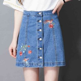 High Waisted Embroidered Denim Skirt for Women Button Straight Office Lady Elegant Knee Length Harajuku s 210428