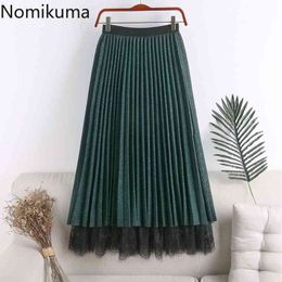 Nomikuma Gauze Patchwork A Line Pleated Skirt Women Vintage High Waist Mid Calf Skirts Female Fashion Faldas De Moda 3c515 210514