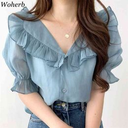 Tops Mujer Chic Ruffled Neck Single Breasted Blouse Women Loose Thin Shirts Sweet Puff Sleeve Chifoon Elegant Blusas 210519