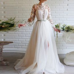 Women Ivory Sleeve Prom Formal Gown Exquisite Lace Top Flowers Neck Sexy High Slit A Line Long Evening Dresses Abendkleider