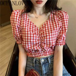 Short Plaid Women Blouse V Neck Korean Slim Puff Sleeve Shirts Spring Summer Ins Sexy Chic Blusas Mujer 15183 210415