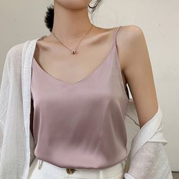 Korean Fashion Silk Women Tops Woman V-neck Satin Blouses Summer Lady Plus Size Sexy Sleeveless Shirt Halter XXXL 210427