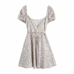 PUWD Sweet Women V Neck Draw Back Dress Summer Fashion Ladies College Style Cute Female Silk Texture Print 210522