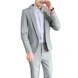 Fall New Men Plaid 2-Piece Set Wedding Party Blazer Jacket and Pant Blue Grey Black Male Slim Fit Suit S M L XL XXL XXXL X0909