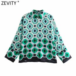 Women Vintage Geometric Print Color Match Casual Loose Shirt Female Long Sleeve Blouse Roupas Chic Blusas Tops LS9285 210420