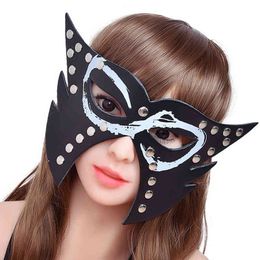 BDSM pole dancer girl stage performance mask Fox headgear faux leather special printing provocative Retro rivet decoration