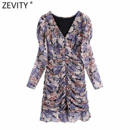 Women V Neck Flower Print Slim Hem Ruffles Pleated Mini Dress Female Pleats Puff Sleeve Sweet Chiffon Vestido DS4812 210416