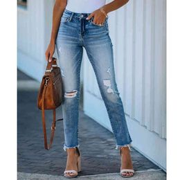 Spring Summer Women Ripped Jenas Casual Denim Pants High Waist Skinny Jeans 210415