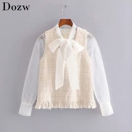 Chic Women Tweed Patchwork White Lace Blouse Elegant Bow Tie Collar Long Sleeve Shirt Office Tassel Stylish Tops Blusa 210414