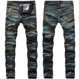 Original Design Elastic Jeans Men's Pants Long Men Fashion Painted Camouflage Stretch Straight Slim Printed Denim Trousers 211111