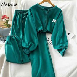 Neploe New Simple Suit Letter Pattern Single Breasted Lantern Sleeve Hoody + Solid Colour Casual Pants Two-piece Set Women 210423