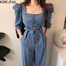 Korejpaa Women Jumpsuits Summer Retro Temperament Square Collar Metal Button Lace Double Pocket Puff Sleeve Denim Jumpsuit 210526