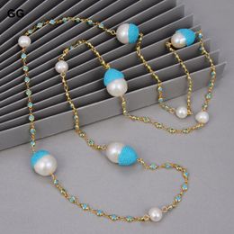 Pendant Necklaces JK Natural 43" White Keshi Pearl Blue Crystal Pave Chain Long Sweater Necklace For Women