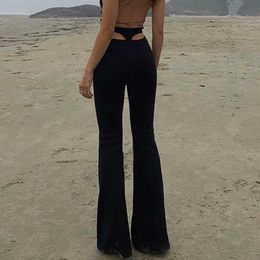 Women black Cotton Flared Pants Knitted Sexy High Waist Hollow Out Elastic waist Long Trousers Casual Fashion White Summer 2021 Q0801