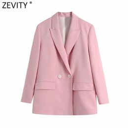 Women Elegant Double Breasted Casual Pink Blazer Coat Vintage Long Sleeve Suits Female Outerwear Chic Business Tops CT701 210420