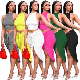 6 Colours Women Two Piece Dress Summer Sexy Midi Dresses Sleeveless Night Club Wear Round Neck Cropped Halter Top With Drawstring Split Half Skirt Suit