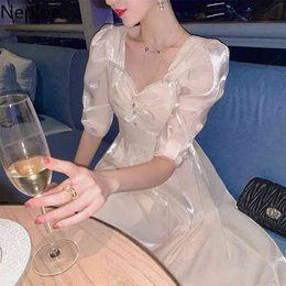 Neploe Korean White Dress for Women Puff Sleeve Vintage Woman Vestidos Squared Collar Party Dresses High Waist Ladies Long Robe 210422