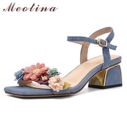 Meotina Women Shoes Kid Suede Sandals Flower Med Heel Sandals Chunky Heel Shoes Buckle Square Toe Ladies Footwear Summer 33-42 210608