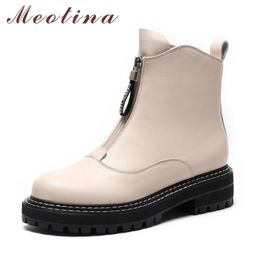 Meotina Short Boots Women Shoes Real Leather Platform Mid Heel Lady Boots Zipper Thick Heels Ankle Boots Winter Black Size 40 210520