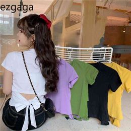 Ezgaga Sexy T Shirts Women Backless Bowknot Inside Solid Slim Spring Summer Korean Fashion Chic All-Match T Shirts Crop Tops 210430