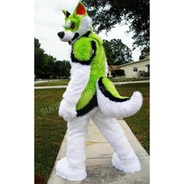 Halloween Long Fur Green White Husky Dog Mascot Costume Top Quality Cartoon theme character Carnival Unisex Adults Size Christmas Birthday Party Fancy Outfit