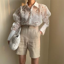 Hollow Out Floral Embroidery Blouse Shirt Women Sexy See Through Long Sleeve Loose White Top Turn Down Collar Summer Shirts A764 Women's Blo
