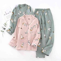 100% Gauze Cotton Cat Cartoon Print Women Pajamas Turn-Down Collar Plaid Soft Loose Harajuku Kawaii Spring Female Sleepwear New 210330