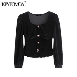 Women Fashion With Buttons Cropped Velvet Blouses Long Sleeve Ruffle Female Shirts Blusas Chic Tops 210420