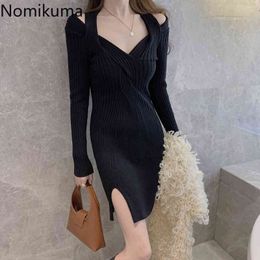 Nomikuma Korean Knotted Knit Dress Sexy Strapless Long Sleeve V-neck Sweater Dresses Autumn Winter Baisc Bodycorn Vestidos 6D649 210427
