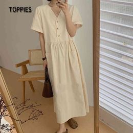 Toppies Loose White Cotton Midi Dress Woman Short Sleeve V-Neck Midi Dress Side Pockets 210412