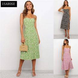 ISAROSE Floral Strappy Dress Lady Sexy One-piece with Slit Mid Calf High Street Fashion Summer Sleeveless Women Dresses XL XXL 210422