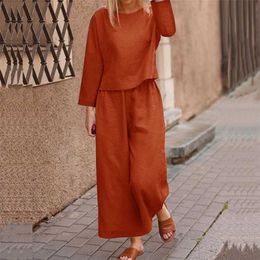 Autumn Office Lady Elegant Long Sleeve Outfit Women Solid Cotton Linen Two Piece Sets Casual O Neck Tops + Wide Leg Pants Suits 211105