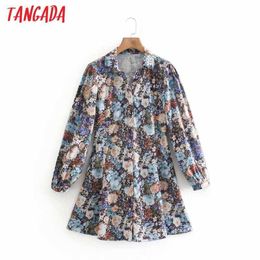 Tangada Fashion Women Flowers Print Shirt Dress Long Sleeve Vintage Ladies Tunic Mini Dress XN125 210609