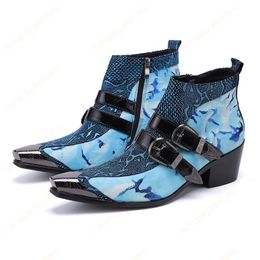 Print Men Party Ankle Boots Blue Real Leather Motorcycle Boots Buckle Short Boots Formal Dress Shoes