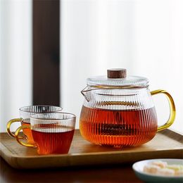 Glass Teapot Duckbill Vertical Pattern Heat Resistant Pot With Filter Handle Kettle Coffee Jug 210621