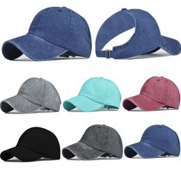 Unisex Summer Vintage Washed Cotton Baseball Cap Half Empty Top Backless Ponytail Messy Bun Solid Color Outdoor Sport Sunscreen