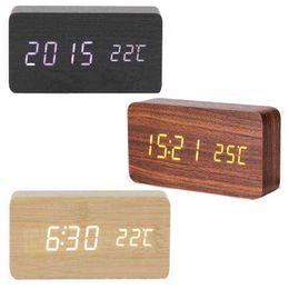 LED Wooden Alarm Clock Watch Table Digital Thermometer Wood Despertador Electronic Desktop USB/AAA Powered Clocks Table Decor 211112