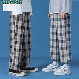 Men New Polyester Loose Japan Harajuku style Grid Wide Pants Men Casual Drawstring Elastic Leg opening Ankle Length Pants Men 210406