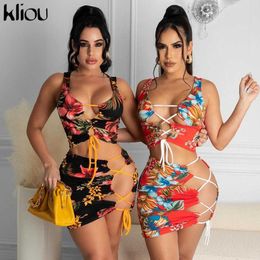 Kliou Print Hollow Out Dstring Two Pieces Set Fashion SleevelRibbed Shaped Waist Female Stretchy Clubwear Outfit X0709