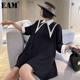 [EAM] Women Black Big Size Contrast Color Dress Lapel Short Puff Sleeve Loose Fit Fashion Spring Summer 1DD7412 21512