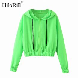 Fashion Hoodies Women Zipper Hooded Sweatshirt Solid Batwing Long Sleeve Casual Crop Top Green Outwear 210508