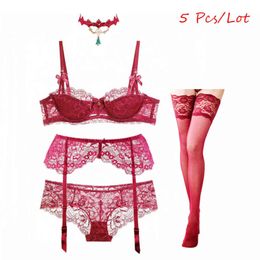 NXY sexy setWomen's sexy lace Christmas Lingerie set Bra and panties garter stockings necklace 5 Pieces/Lots 1129