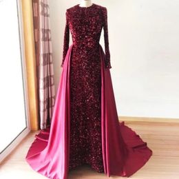 Elegant Sequined And Satin Dresses Evening Wear Jewel Neck Long Sleeves Prom Gowns Sweep Train Mermaid Overskirt Formal Dress