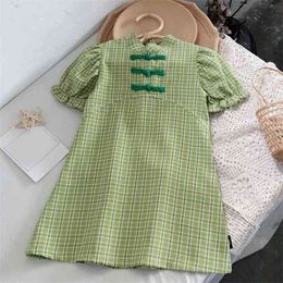 Dress For Girls Summer Cheongsam Button Chinese Plaid Children es kids Clothes 210528