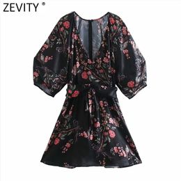 Women Vintage V Neck Floral Print Casual Slim Mini Dress Chic Female Lantern Sleeve Kimono A Line Vestido DS5023 210416