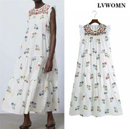 LVWOMN Za Women Dress Summer Embroidery Print O Neck Sleeveless Long Dress Woman Ruffle Elegant Beach Boho Dresses Vestido 210331