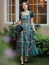 Vintage Flower Print Blackish Green Mid-calf Long Women Puff Sleeve Square Collar Bow Female Casual Party Dress 210416
